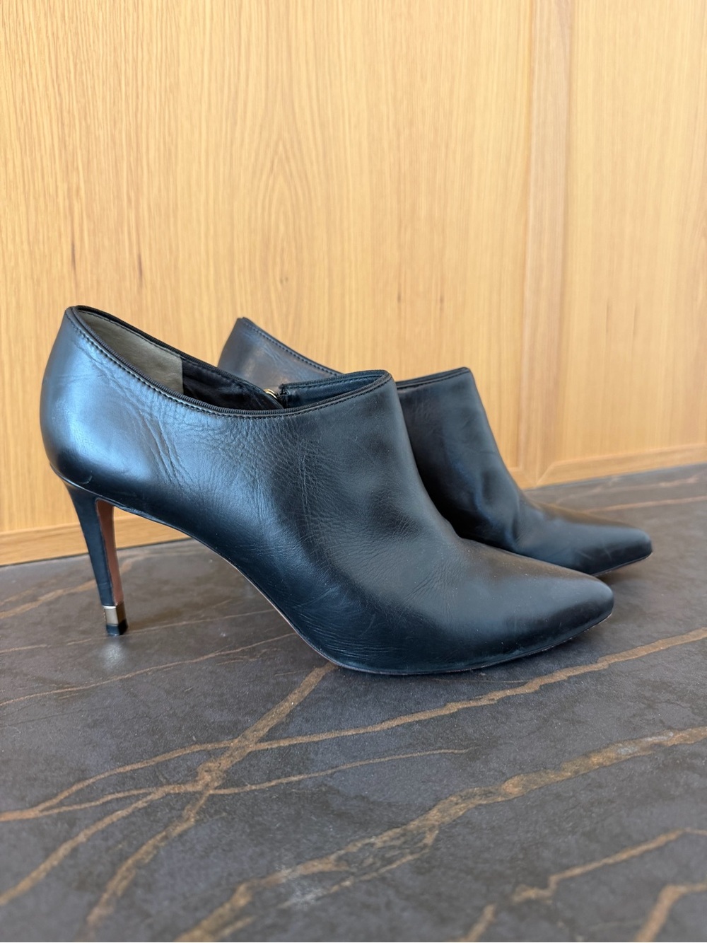 Tory BurchBlack Leather Pointed-Toe Women's Heel Booties w/ Heel Detail